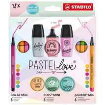 Írószer szett, STABILO, "Mini World Pastellove", 18 különböző szín