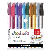 Zseléstoll készlet, 0,33 mm, kupakos, ZEBRA "Doodler`z Glitter", 10 csillogó vegyes szín