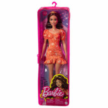 Barbie Fashionistas: Barna hajú Barbie, virág mintás ruhában, cipzáras tartóban