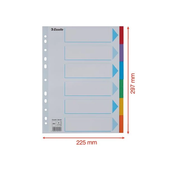 Regiszter, karton, A4, 6 részes, írható előlappal, ESSELTE "Standard", színes - 6