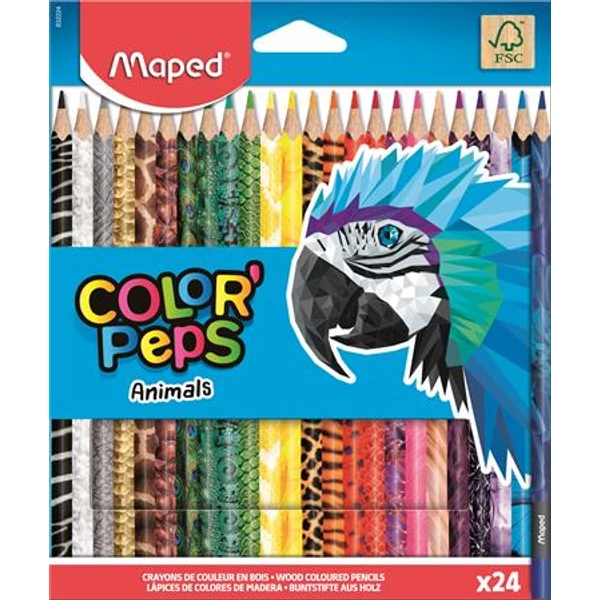 Színes ceruza készlet, háromszögletű, MAPED "Color`Peps Animal", 24 különböző szín