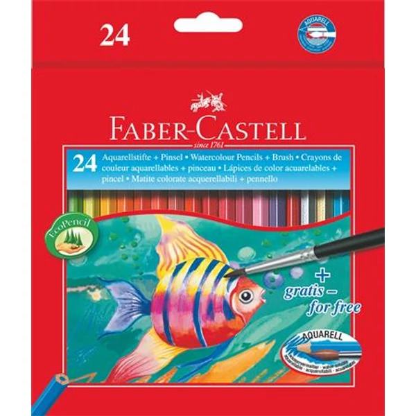 Akvarell ceruza készlet, hatszögletű, ecsettel, FABER-CASTELL, 24 különböző szín