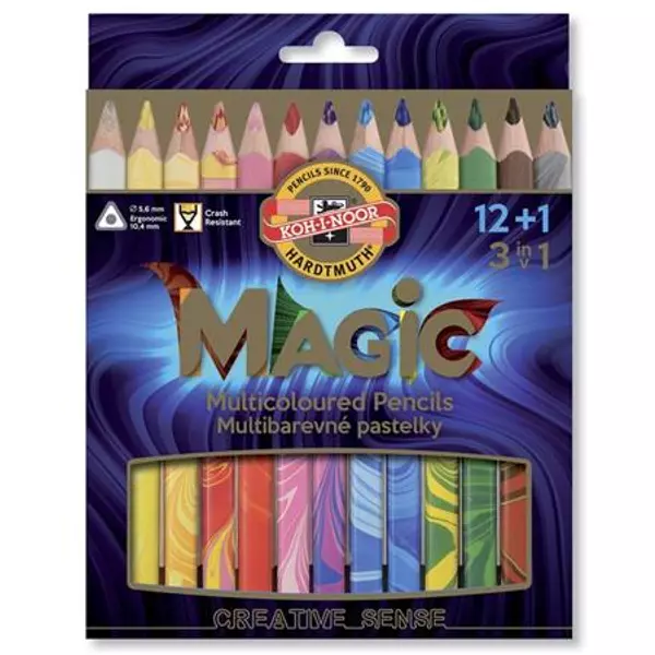 Színes varázsceruza készlet, háromszögletű, KOH-I-NOOR "Magic 3408", 12+1 különböző szín