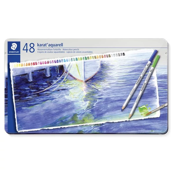 Akvarell ceruza készlet, hatszögletű, fém doboz, STAEDTLER "Karat® aquarell 125", 48 különböző szín