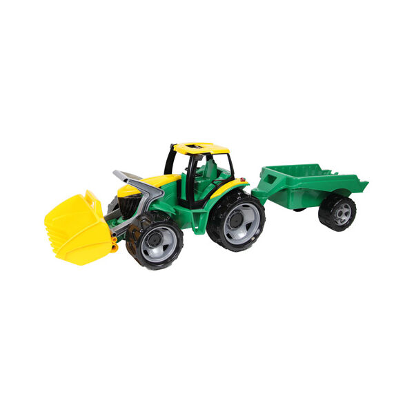 LENA Óriás traktor homlokrakodóval és utánfutóval zöld/sárga színben - 108 cm