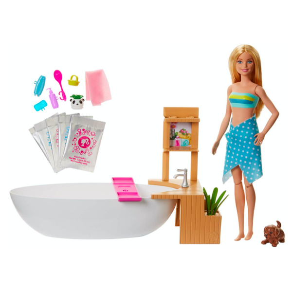 Barbie: Fürdőszobaszett babával és fürdősóval